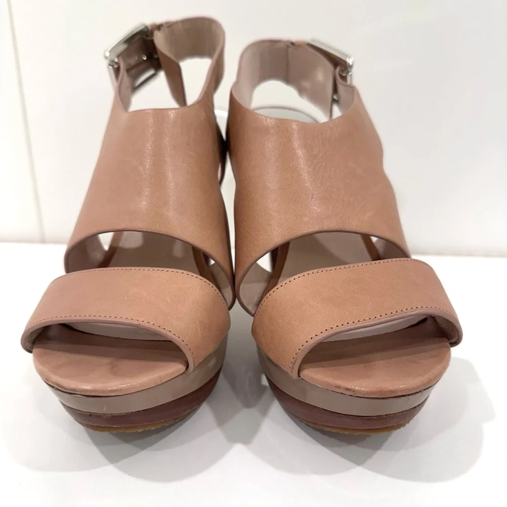 Michael Kors Tan Leather Platform Wooden Women's Heels Sandals 9.5 - Picture 2 of 9